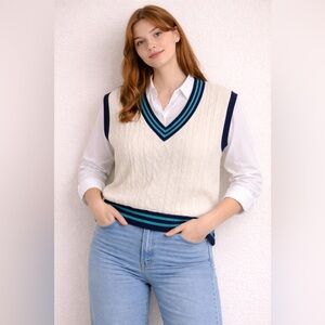 Wild Fable White Sweater Vest with Blue and Teal Stripes